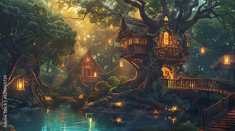 enchanting tree house retreat with swimming pool glowing lanterns in the forest digital painting enchanting tree house retreat with swimming pool glowing lanterns in the forest digital painting