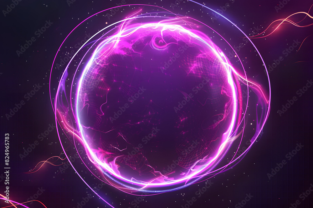 Obraz premium Abstract neon energy sphere of particles and waves of magical glowing on a dark background, circle and loop frames with magic purple and pink flame and sparks isolated on transparent,&nbsp;