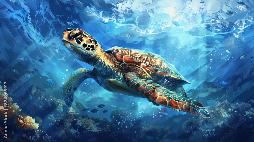 Fototapeta premium enchanting underwater turtle swimming gracefully through serene blue waters aigenerated digital painting