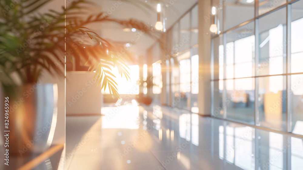 Beautiful blurred background of a light modern office interior with panoramic windows and beautiful lighting. Beautiful blurred background of a light modern office interior with panoramic windows and beautiful lighting.