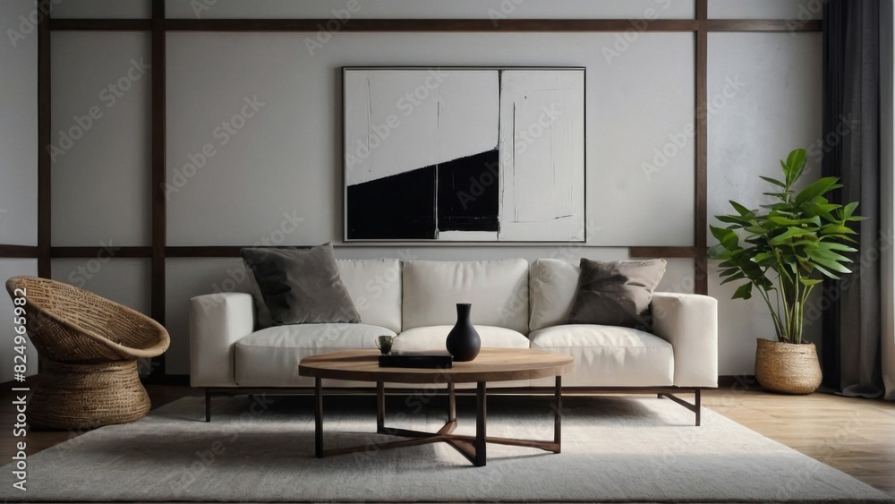 Interior of minimalist modern living room with white wall and abstract artistic art Interior of minimalist modern living room with white wall and abstract artistic art