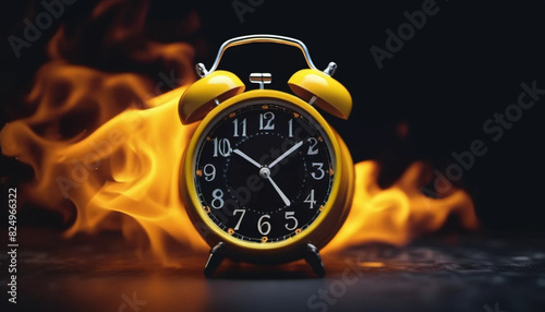 Yellow vintage alarm clock on fire.