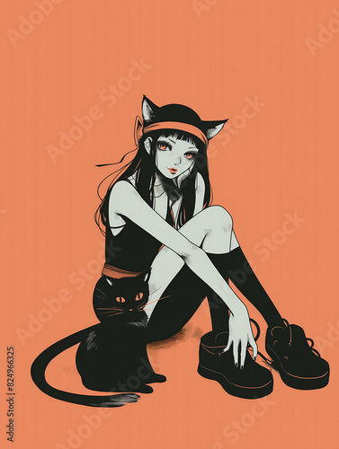 Portrait - Minimal Cat girl and black kitty 01