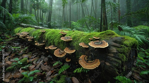 Tropical Forest, A decaying log covered in moss and fungi, surrounded by dense underbrush and fallen leaves, illustrating the forest's rich ecosystem. Realistic Photo, photo
