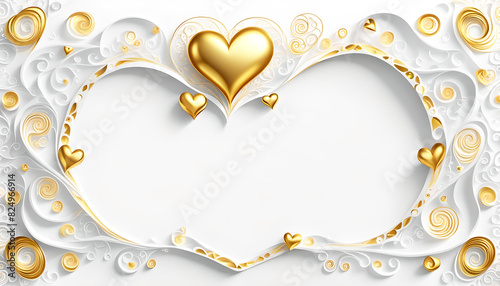romantischer Rahmen herzförmig Herz hell aus natürlichen Ornamenten kurvige Wellen in Gold weiß, weißer leerer Hintergrund, freie Fläche, Vorlage, Einladung, Hochzeit, Valentin, Liebe, Verlobung photo