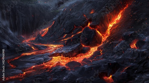 Molten lava streaming down the rugged slopes of a volcanic mountain photo