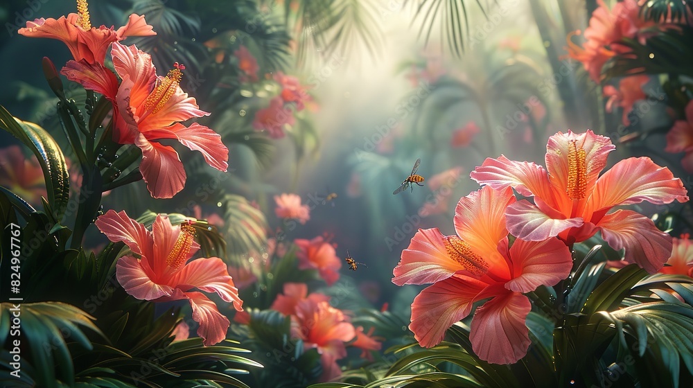 Tropical Forest, Detailed image of tropical flowers with insects pollinating the petals, capturing the dynamic life of the forest. Realistic Photo, Tropical Forest, Detailed image of tropical flowers with insects pollinating the petals, capturing the dynamic life of the forest. Realistic Photo,