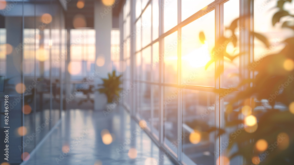 Fototapeta premium Beautiful blurred background of a light modern office interior with panoramic windows and beautiful lighting.