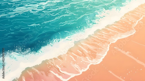 Generate a vector graphic of a beach scene with a gradient sea, transitioning from sparkling aquamarine to deep tea