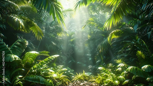 Tropical Forest, Detailed shot of tropical leaves and undergrowth, with sunlight filtering through the canopy, casting dappled light on the forest floor. Realistic Photo,