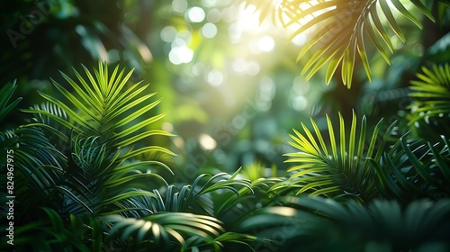Tropical Forest, Detailed shot of tropical leaves and undergrowth, with sunlight filtering through the canopy, casting dappled light on the forest floor. Realistic Photo, © DARIKA