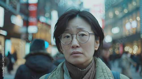 Woman with serious expression in city crowd. Asian woman with a serious, concerned look on her face stands in a busy city street, conveying worry and urban life.