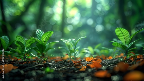 Tropical Forest, Insects crawling on the forest floor, with leaves, twigs, and small plants creating a complex and vibrant natural habitat. Realistic Photo, © DARIKA