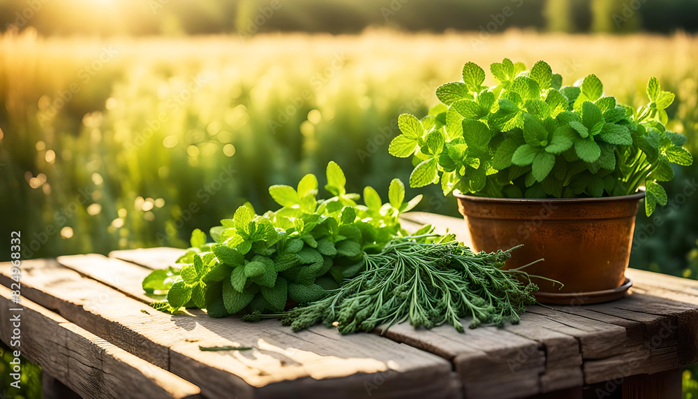 mediterrane Kräuter und Gewürze, wie Oregano, Majoran, Petersilie, Thymian, Salbei, Schnittlauch und Küchenkraut auf Holztisch in goldener Stunde zur leichten Küche aus Spanien, Italien, Frankreich mediterrane Kräuter und Gewürze, wie Oregano, Majoran, Petersilie, Thymian, Salbei, Schnittlauch und Küchenkraut auf Holztisch in goldener Stunde zur leichten Küche aus Spanien, Italien, Frankreich