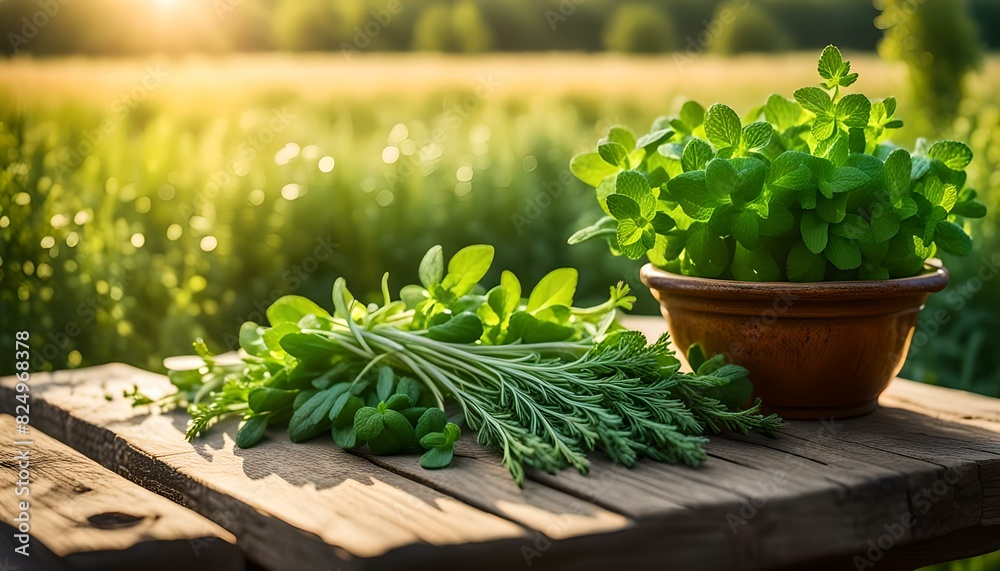 mediterrane Kräuter und Gewürze, wie Oregano, Majoran, Petersilie, Thymian, Salbei, Schnittlauch und Küchenkraut auf Holztisch in goldener Stunde zur leichten Küche aus Spanien, Italien, Frankreich mediterrane Kräuter und Gewürze, wie Oregano, Majoran, Petersilie, Thymian, Salbei, Schnittlauch und Küchenkraut auf Holztisch in goldener Stunde zur leichten Küche aus Spanien, Italien, Frankreich