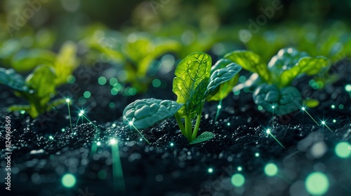 Close-up of young green plants growing in soil with magical glowing effects, representing growth, innovation, and sustainability. photo