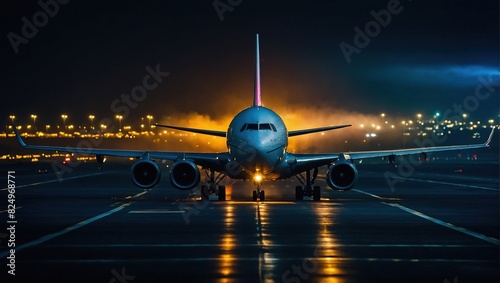 An airplane ready for takeoff on a runway at night