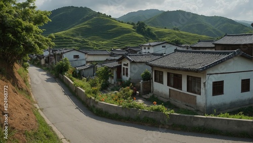 Chinese village amidst lush green hills, with a winding road leading through its scenic landscape