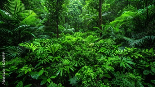Tropical Forest  Wide shot of the dense underbrush in a tropical forest  with various plants  bushes  and trees creating a rich tapestry of greenery. Realistic Photo 