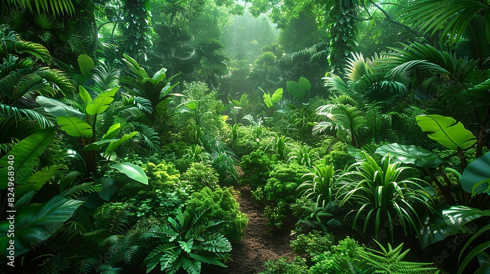 Tropical Forest, Wide shot of the dense underbrush in a tropical forest, with various plants, bushes, and trees creating a rich tapestry of greenery. Realistic Photo,