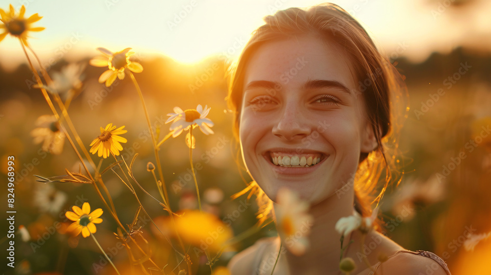 Woman smiling in field of flowers at sunset. Young woman with a bright smile enjoys the golden hour light in a field of wildflowers. Woman smiling in field of flowers at sunset. Young woman with a bright smile enjoys the golden hour light in a field of wildflowers.