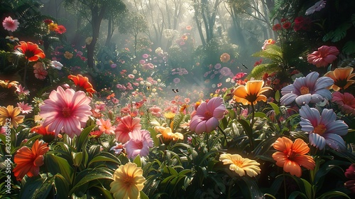Tropical Forest, Variety of tropical flowers in full bloom, with insects buzzing around the petals, capturing the dynamic life of the forest. Realistic Photo, © DARIKA