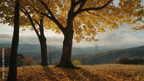 A tree with yellow leaves in the middle of a field during autumn