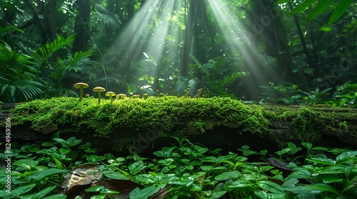 Tropical Forest, A fallen log covered in vibrant green moss and small fungi, with rays of sunlight filtering through the dense canopy above, highlighting the serene forest environment. Realistic photo