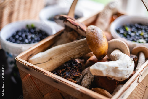 Organic fresh mushrooms kept in basket photo