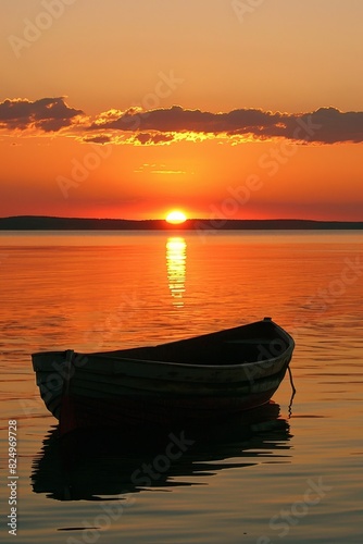 Serene sunset seascape with vacant wooden rowboat on calm waters, creating a peaceful scene