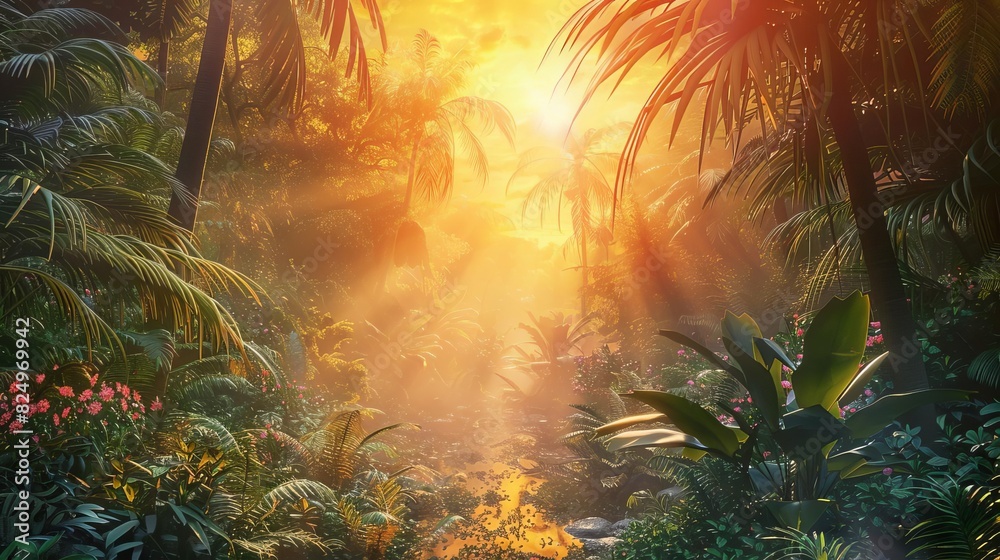 Obraz premium ethereal sunrise in a lush tropical rainforest capturing the serene beauty of natures awakening digital painting