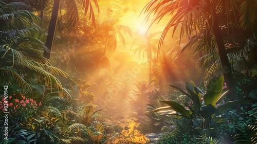 ethereal sunrise in a lush tropical rainforest capturing the serene beauty of natures awakening digital painting