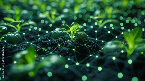 Close-up of young green plants with interconnected network of glowing lines, representing smart agriculture and technology integration.
