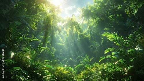 Tropical Forest, Bushes and undergrowth in a tropical forest, with sunlight filtering through the dense foliage, creating a serene and tranquil scene. Realistic Photo,