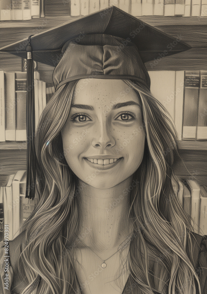 The black and white portrait photograph depicts a smiling young woman ...