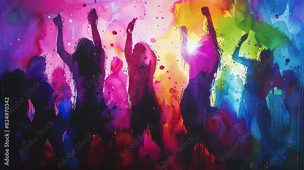 euphoric dancers lost in neon club lights immersed in vibrant nightlife watercolor painting