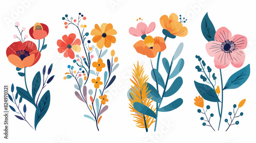 Hand drawn colorful floral elements Four . Four with