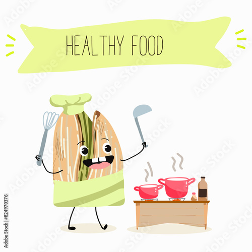Cute pistachio nut characters, funny nuts, with different activities, outdoor, sports,musical instrument. Organic food, healthy food, illustrations for kids menu.