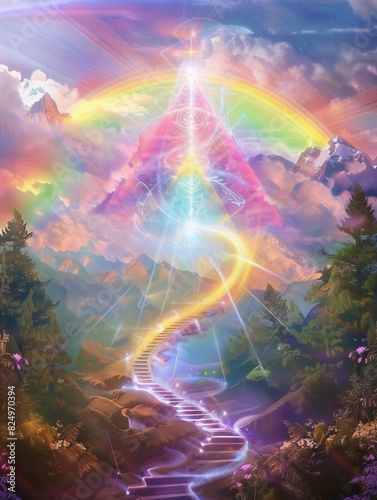 Alchemical Pyramid Bathed in Rainbow Prism Light, Spiritual Ascension on a Spiral Staircase amidst a Majestic Mountain Oasis, Radiant Sunrays and Vortex of Colors Promoting Peace and Healing