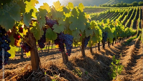 Bunch of Grapes in a vineyard at sunrise