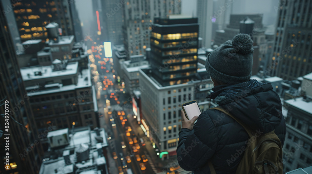 Man on rooftop using phone, city view. A man checks his phone, standing on a rooftop overlooking a snowy city at twilight. Man on rooftop using phone, city view. A man checks his phone, standing on a rooftop overlooking a snowy city at twilight.