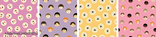 Four creative patterns pack, sweet girlish faces. Colorful vector simple elements, feminine appearance, editable repeating backgrounds.