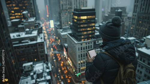 Man on rooftop using phone, city view. A man checks his phone, standing on a rooftop overlooking a snowy city at twilight.