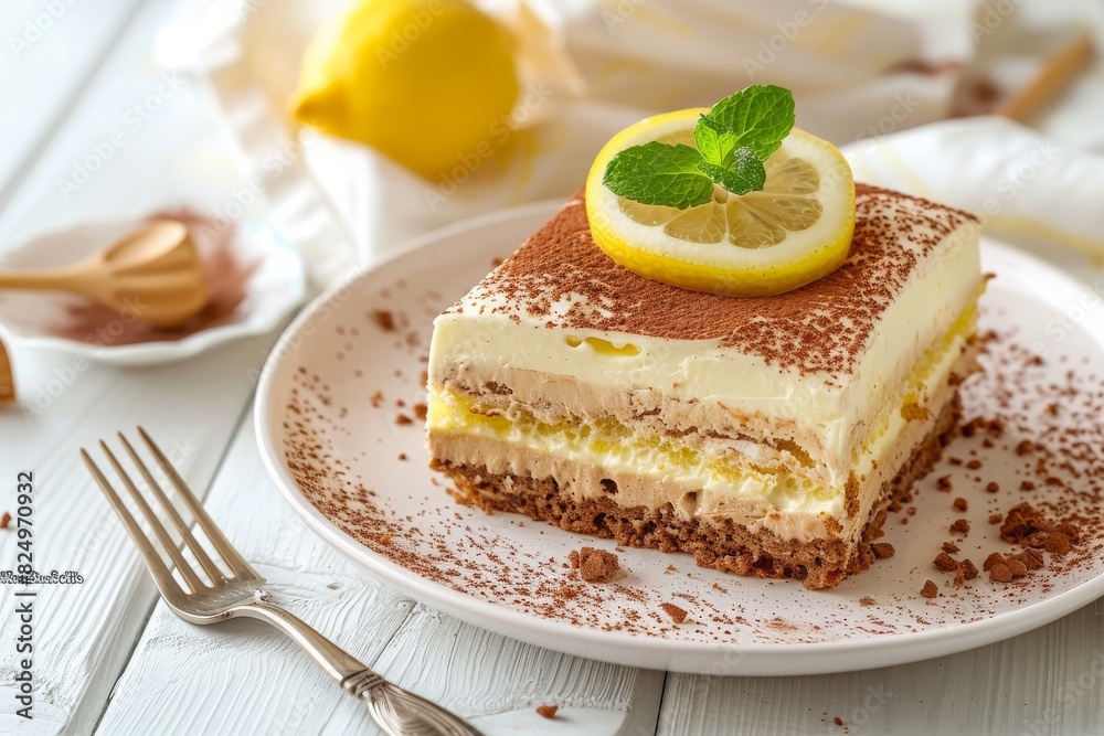 lemon tiramisu cake, summer dessert on a white ceramic plate with a fork on a white wooden background lemon tiramisu cake, summer dessert on a white ceramic plate with a fork on a white wooden background