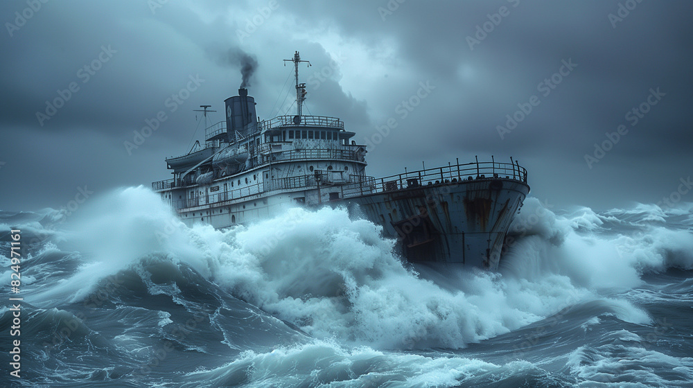 ship in heavy waves in the sea