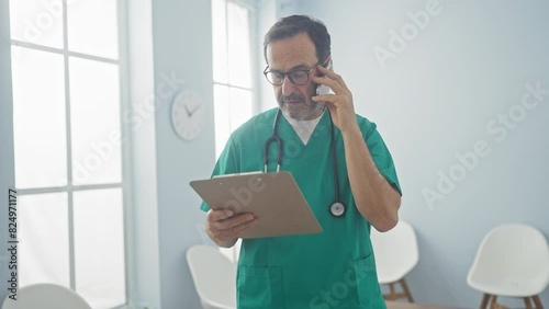 Wallpaper Mural A mature male doctor in scrubs intently uses a phone while holding a clipboard in a bright clinic room. Torontodigital.ca