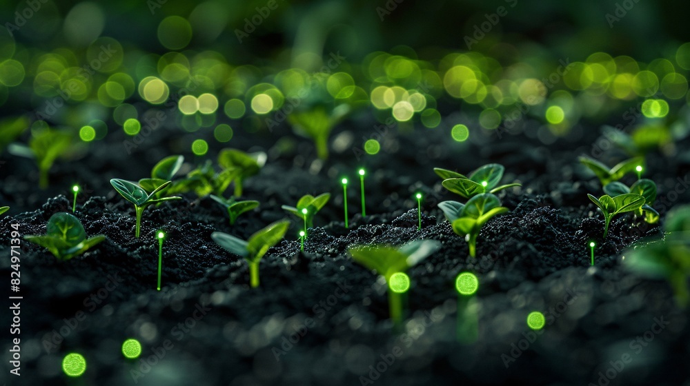 Close-up of young green seedlings sprouting from the soil with sparkling lights in the background, signifying growth and new beginnings. Close-up of young green seedlings sprouting from the soil with sparkling lights in the background, signifying growth and new beginnings.