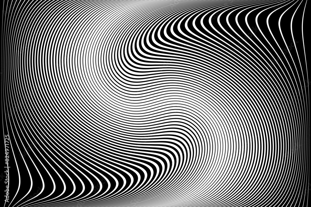 Wavy Lines Halftone Op Art Pattern. 3D Illusion. Abstract Textured Black and White Background. Wavy Lines Halftone Op Art Pattern. 3D Illusion. Abstract Textured Black and White Background.