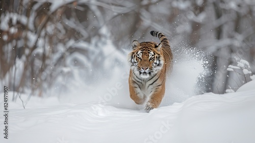 Tiger snow run in wild winter nature. Generative Ai