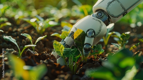Adorable robot farmer planting seeds in an organic vegetable field, detailed view of its gentle mechanical hands